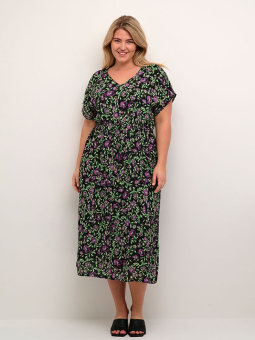 ISMA - Lang grøn kjole med blomsterprint og bindebånd