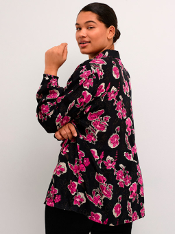 Kaffe Curve POLLO - Sort skjorte med pinke blomster