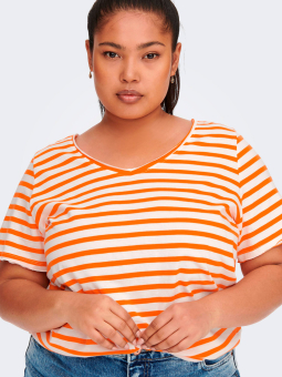 Only Carmakoma Carlife - Lækker bomulds t-shirt med råhvide og orange striber