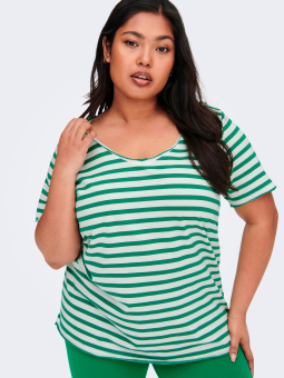 Only Carmakoma Carlife - Lækker bomulds t-shirt med råhvide og grønne striber