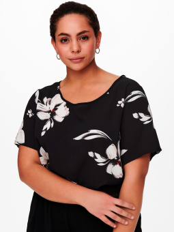 VICA - Sort bluse med grønt blomsterprint