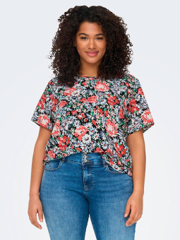 Only Carmakoma VICA - Sort bluse med flotte røde og blå blomster