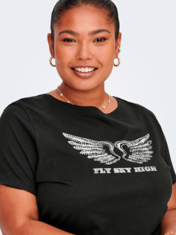 Only Carmakoma Car WILD - Sort bomulds T-shirt med flot 'Fly Sky High' print