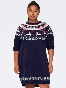 Only Carmakoma Car SNOW - Lækker blå strik kjole med fint jule mønster
