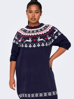 Only Carmakoma Car SNOW - Lækker blå strik kjole med fint jule mønster