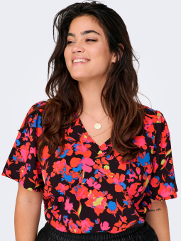 Only Carmakoma Car NALA - Sort bluse med flot rødt blomster print