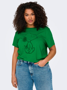 Only Carmakoma PEANUTS - Grøn bomulds T-shirt med Nuser print