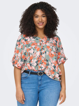 Only Carmakoma NOVA - Grøn viskose bluse med orange blomster