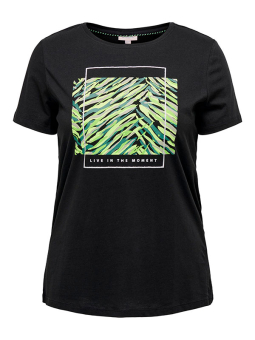 Only Carmakoma LAMINA - Sort T-shirt med print i grøn og glimmer