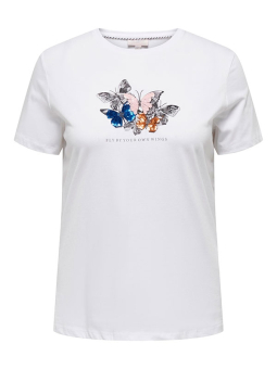 Only Carmakoma KITI LIFE - Hvid T-shirt i økologisk bomuld med giltter sommerfugle af palietter
