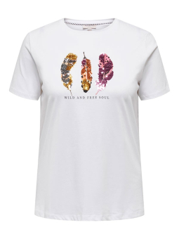 Only Carmakoma KITI LIFE - Hvid bomulds T-shirt med glimmer palietter
