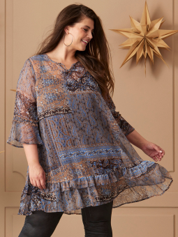 PALOMA - Lysebrun chiffon kjole med mørkt mønster
