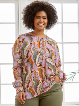 DALARY - Sort jersey bluse med beige, brun og orange mønster