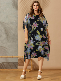 JUNIPER - Blå chiffon kjole med blomsterprint