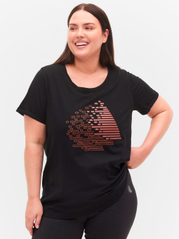 Zizzi Sort bomulds t-shirt med orange og kobber tryk