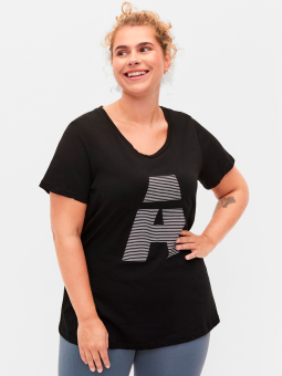 Zizzi Sort Bomulds T-shirt med hvid stribet tryk