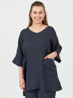 Ladan - Mørkeblå tunika i lækkert hør med prikker