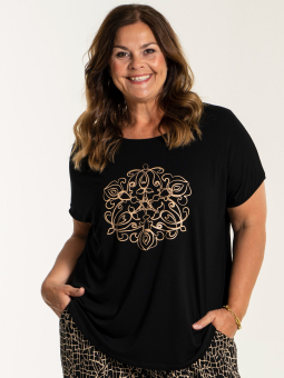 Gozzip GITTE - Sort bluse i viskose jersey med beige tryk