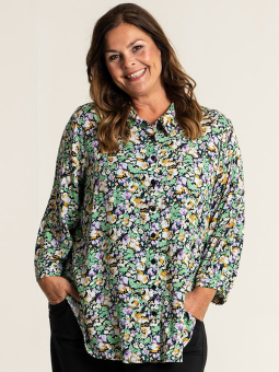 Vicky - Viskose bluse med smukt blomster print i grønne og rosa nuancer