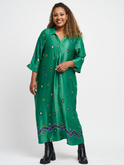 INGER - Stribet kjole med grønne blade