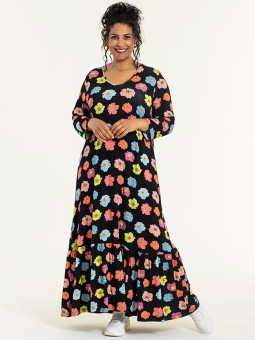 VIOLA - Lang sort viskose kjole med asymmetrisk flæsekant