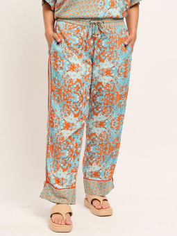 Adia Blå bukser i crepet viskose med sand og orange mønster