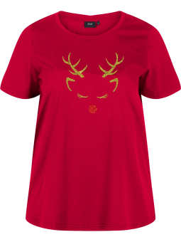 Zizzi Rød bomulds t-shirt med jule motiv i pailletter