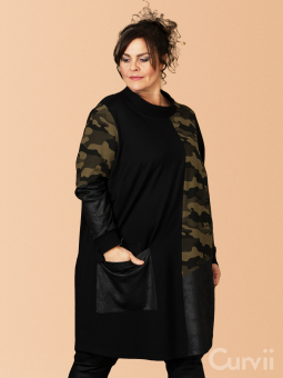 Gozzip Black ESTHER - Sort tunika i bomulds sweat med cool skind detaljer og grøn camo