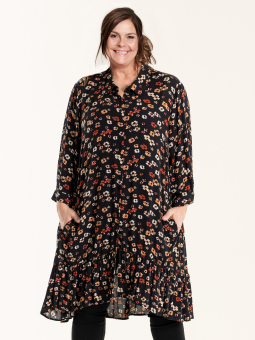 Gozzip EDITH - Sort skjorte tunika i crepet viskose med blomster print