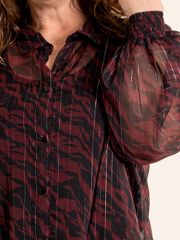Gozzip MARGOT - Bordeaux skjorte tunika i chiffon med sort print og sølv striber