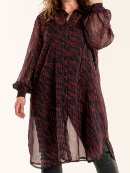 Gozzip MARGOT - Bordeaux skjorte tunika i chiffon med sort print og sølv striber