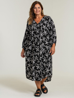 SIGRUN - Sort skjorte kjole med lyst mønster