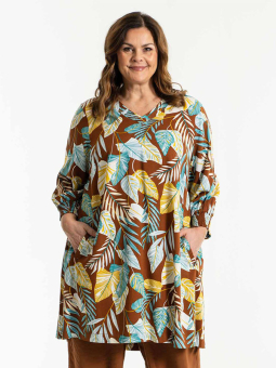 AMILLA - Sort bluse med gult og brunt print