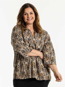 ANNAH - Sort bluse med brunt blomsterprint