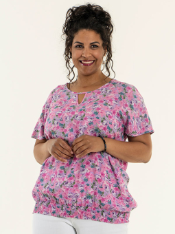 Studio Camilla - Pink viskose bluse med blomster print og elastikkant