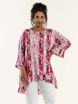 Camilla - Pink viskose bluse med blomster print og elastikkant