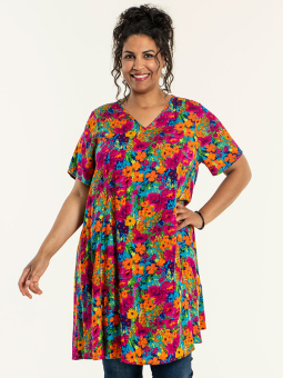 JAENNE - Sort chiffon kjole med blomster og jersey underkjole