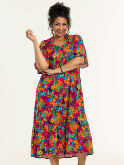 JAENNE - Sort chiffon kjole med blomster og jersey underkjole