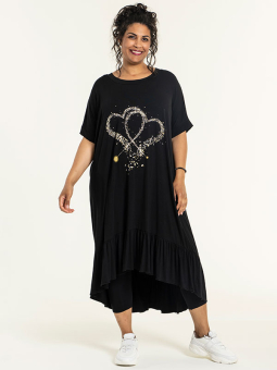 VIOLA - Lang sort viskose kjole med asymmetrisk flæsekant