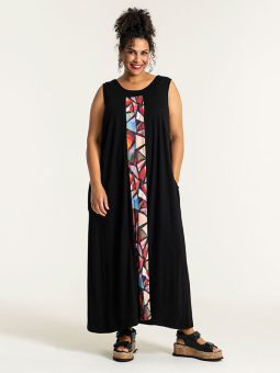 HANA - Lang sort jersey kjole med batik print