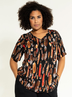 Studio HANNA - Sort viskose bluse med brun fjer print