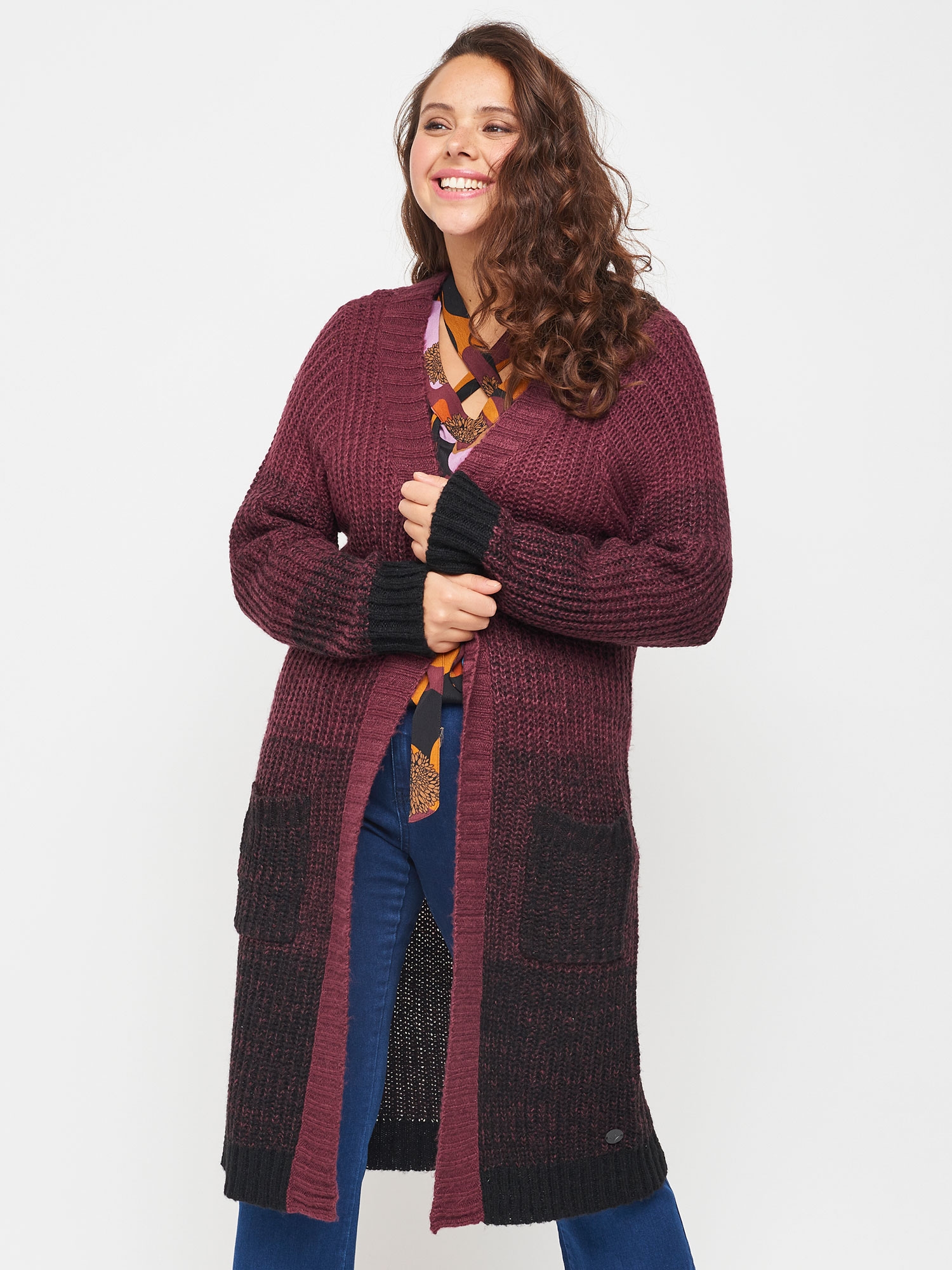 Adia Lang strikket cardigan i bordeaux nuancer , 54-56 / XL (5714296828860)